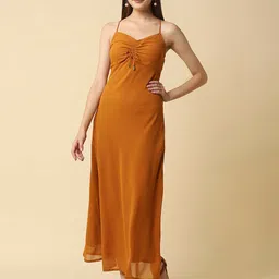 RAASSIO Mustard Yellow Crepe A-Line Maxi Dress-picture-30