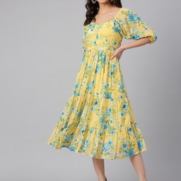 Janasya Women Yellow Georgette Floral Print Flared Western Dress-picture-16