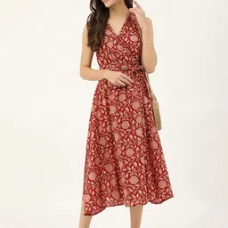 DECKEDUP Maroon & Beige V-Neck Floral Wrap Midi Dress-image-29