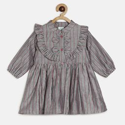 MINI KLUB Girls Grey & Pink Striped Fit & Flare Dress-picture-36