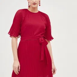 Harpa Accordion Pleated Flared Sleeves Waist Tie-Up Georgette Dress-image-89