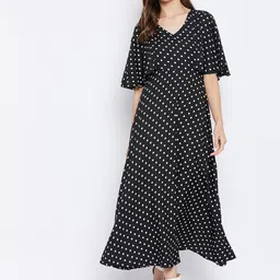 U&F Black Polka Dot Printed Crepe Maxi Dress-picture-10