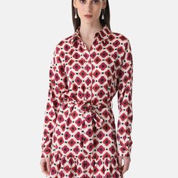 Kazo Floral Printed Satin Shirt Dress With Belt-5