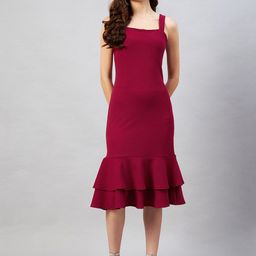 RARE Women Maroon Solid Sleeveless Bodycon Midi Dress-image-99