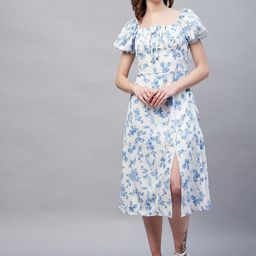 RARE Floral Printed Crepe Tie-Up Neck Puff Sleeves A-Line Midi Dress-picture-48