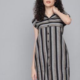 Rudraaksha Creations Black & brown Striped A-Line Dress-image-57