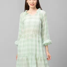 Globus Green Checked Georgette Dress-image-34