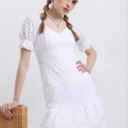 KETCH Puff Sleeves Flounce Hem Schiffli Sheath Dress-image-85