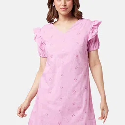 YU by Pantaloons Self Design V-Neck Ruffles Puff Sleeves Cotton A-Line Dress-image-7