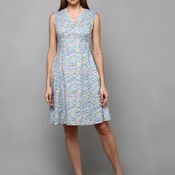 aturabi Women Sea Green & Pink Floral Cotton Fit and Flare Dress-image-29