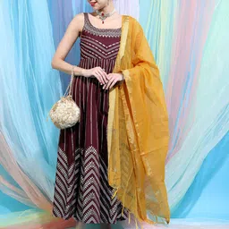 Maroon Embellished Ethnic Maxi Dress with Jacket-image-14