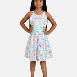 Peppermint Girls Blue & Pink Floral Pure Cotton Fit & Flare Dress-image-108