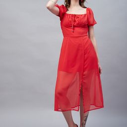 RARE Georgette A-Line Puff Sleeves Slit Midi Dress-image-70