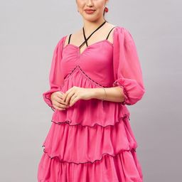 Antheaa Pink Tie-Up Neck Puff Sleeves Layered Empire Dress-image-83