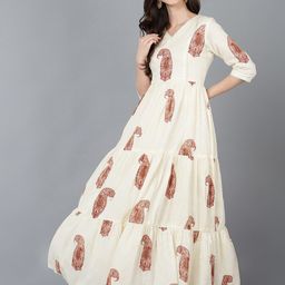 AHIKA Women Cream-Coloured Ethnic Motifs Printed Tiered Maxi Dress-image-15