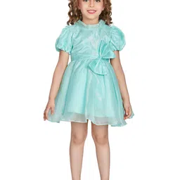 Peppermint Girls Self Design High Neck Puff Sleeves Gathered Fit & Flare Dress-image-67