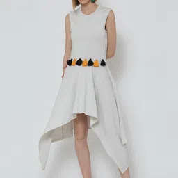 DODO & MOA Off White Solid Asymmetric Dress-image-74