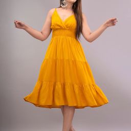 IQRAAR Yellow Empire Midi Dress-27