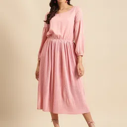 DODO & MOA Women Peach Puff Sleeves Fit & Flare Dress-picture-47