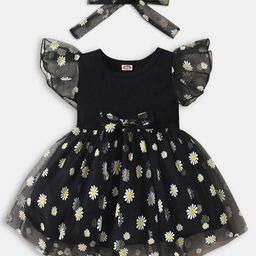 Hopscotch Girls Black Floral Printed Dress with Headband-picture-29