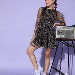 DODO & MOA Floral Printed Net Fit & Flare Dress-picture-16
