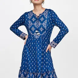 Global Desi Women Blue Floral Printed A-Line Dress-image-85