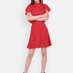 MARC LOUIS Red Polka Dot Printed Crepe Dress-image-4
