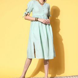 KALINI Fit & Flare V-Neck Puff Sleeves A-Line Cotton Midi Dress-image-20