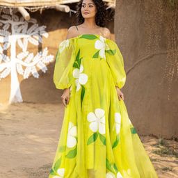 OneWe Floral Printed Off Shoulder Organza Maxi Dress-image-7