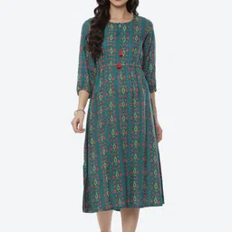 Rangriti Teal Ethnic Motifs A-Line MidiRound Neck Tie UpDress-image-75