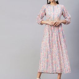 FASHOR Pink & Blue Geometric Printed Keyhole Neck Maxi Ethnic Dress-picture-15