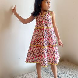 charkhee Girls Beige & Blue Floral Layered A-Line Cotton Dress-image-35