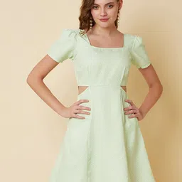 RAASSIO Green Polka Dots Printed A-Line Dress-picture-17