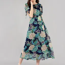 Fashfun Navy Blue Floral Chiffon Midi Dress-image-88
