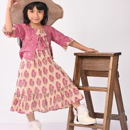 Sangria Girls Floral Printed Cotton A-Line Dress With Jacket-54