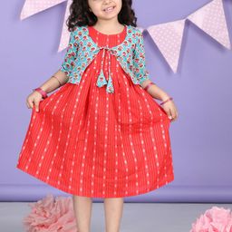 Sangria Girls Red Printed Cotton Sleeveless A-Line Ethnic Dress With Jacket-image-14