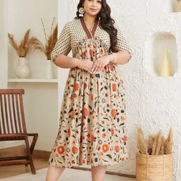 Shape of me by Rustorange Plus Size Floral Printed Gathered Midi Empire Dress-image-62