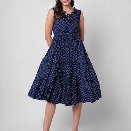 DAEVISH Women Blue Tie-Up Neck Polka Dot Printed Dress-image-23
