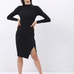 Tokyo Talkies Black High Neck Bodycon Ribbed Midi Dress-image-60