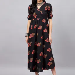 WineRed Floral Printed Puff Sleeve Cotton A-Line Dress-image-30