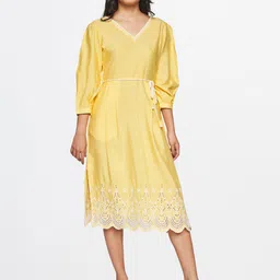 Global Desi Women Yellow A-Line Midi Dress-image-50