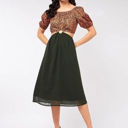 Zima Leto Animal Printed Puff Sleeves Cut-Outs Crepe Midi A-Line Dress-image-52