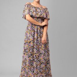 JUNE & HARRY Black Floral Off-Shoulder Georgette Maxi Dress-image-16