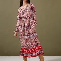 Marks & Spencer Floral Printed Tie-Up Neck Fit & Flare Midi Dress With Belt-image-97
