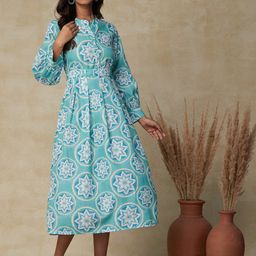 FASHOR Sea Green Floral Printed Cuffed Sleeve A-Line Midi Dress-image-57