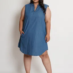 IX IMPRESSION Women Blue Denim A-Line Cotton Dress-picture-57