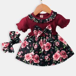 Hopscotch Red & Black Floral Dress with Headband-picture-28