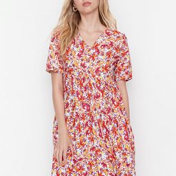 Trendyol Women Off White & Red Floral Printed Empire Dress-image-89