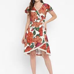 Taurus White & Rust Floral Wrap Tulip Dress-image-27