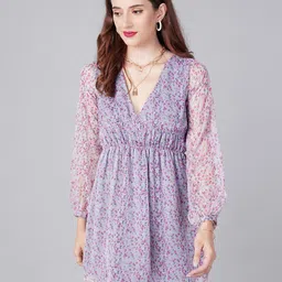 Cation Women Grey & Pink Floral Printed Chiffon Mini Empire Dress-image-16
